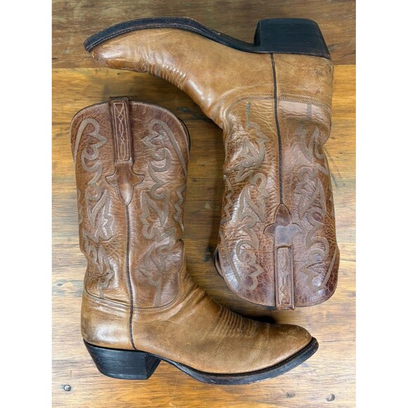 Vtg Lucchese 1883 Tan Burnished Ranch Hand Cowhide Cowboy Boots Mens 10 E Wide main image 9